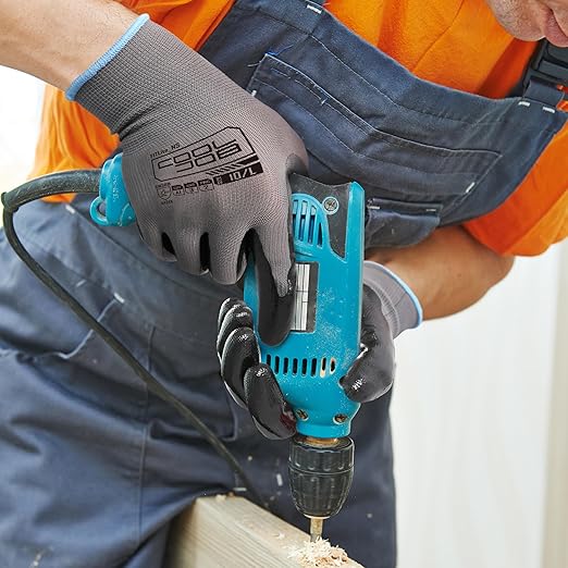 COOLJOB 10 Pairs Nitrile Dipped Safety Work Gloves with Grip, Non-slip Rubber Coated Bulk Garden Gloves for Men, Heavy-duty Oil Resistant for Truck Driver, Warehouse Box Handler, Small, Gray