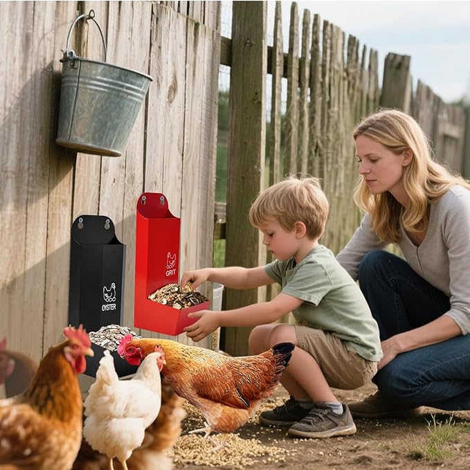 2 Pack Chicken Oyster Shell Feeder and Grit Device, Corner Chicken Feeder, Coop Accessories, Suitable for Hens and Chicks (Black+Red)