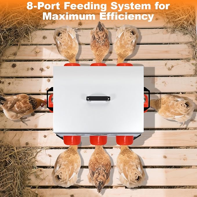 50LB Automatic Chicken Feeder–8 Feeding Ports No-Waste Galvanized Metal Chicken Feeder Box with Adjustable Legs & Locking Lid Poultry Feeder for Chickens,Ducks,Geese,Rust-Resistant