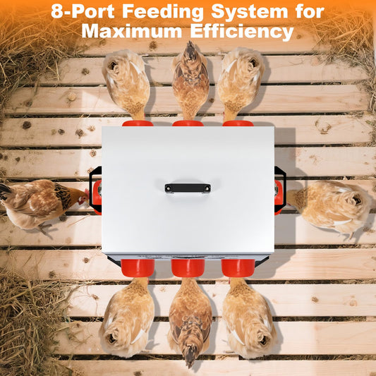 zeetmart 50LB Automatic Chicken Feeder–8 Feeding Ports No-Waste Galvanized Metal Chicken Feeder Box with Adjustable Legs & Locking Lid Poultry Feeder for Chickens,Ducks,Geese,Rust-Resistant