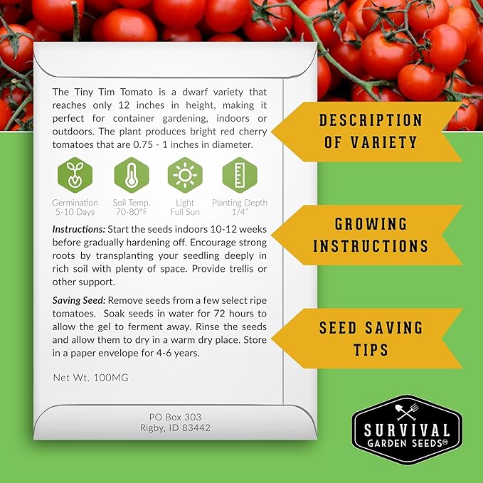 Survival Garden Seeds - Tiny Tim Tomato Seeds for Planting - 3 Packs with Instructions to Grow in Your Home Vegetable Garden - Non-GMO Heirloom Variety