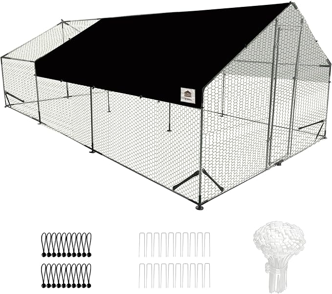 Chicken Coop Large Metal Chicken Run, Upgraded Anti-UV 180g/㎡ PE cloth & 1.1mm Thickened PVC-Coated hexagonal chicken Wire Mesh & More Galvanized Steel Standpipes, walk-in chicken coop, 19.7×9.8×6.4FT