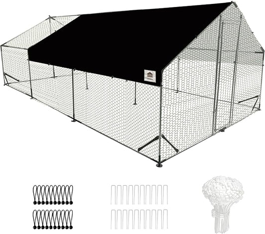 Chicken Coop Large Metal Chicken Run, Upgraded Anti-UV 180g/㎡ PE cloth & 1.1mm Thickened PVC-Coated hexagonal chicken Wire Mesh & More Galvanized Steel Standpipes, walk-in chicken coop, 19.7×9.8×6.4FT