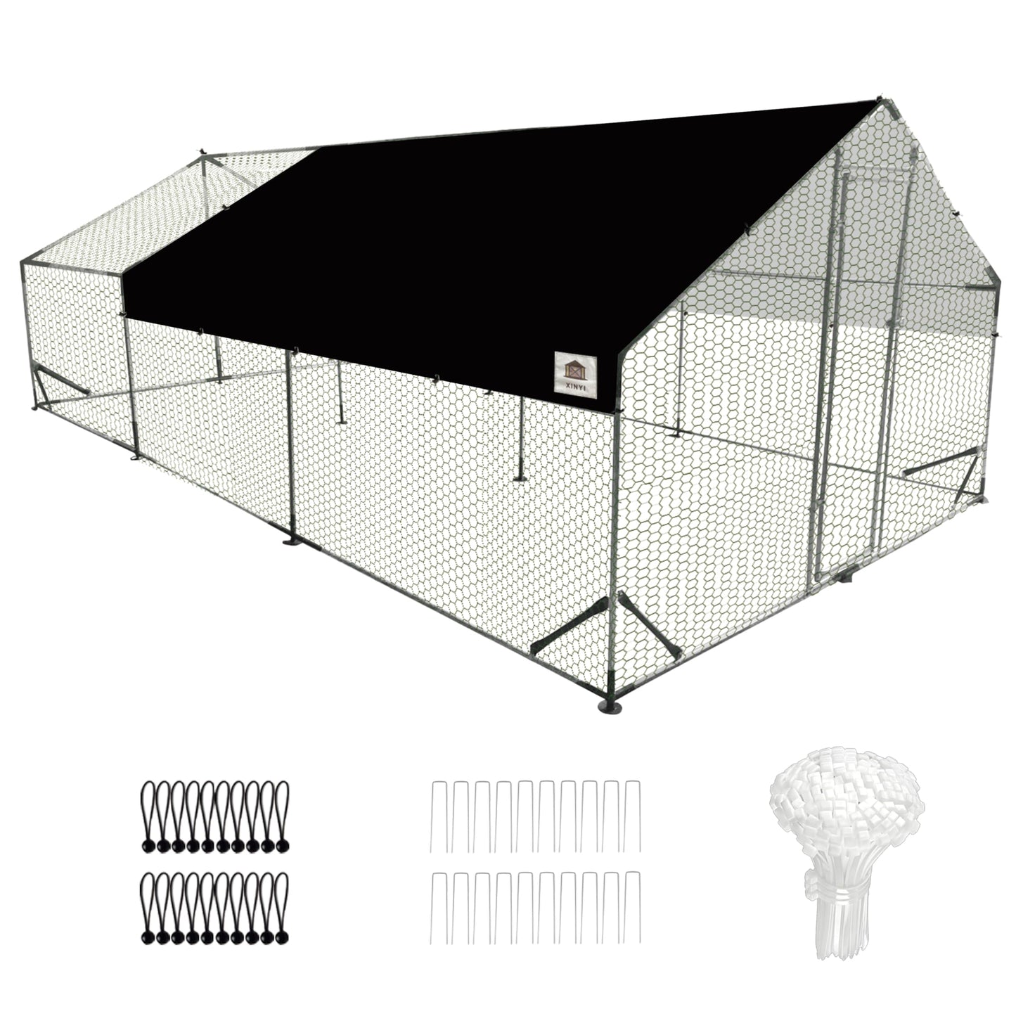 Chicken Coop Large Metal Chicken Run, Upgraded Anti-UV 180g/㎡ PE cloth & 1.1mm Thickened PVC-Coated hexagonal chicken Wire Mesh & More Galvanized Steel Standpipes, walk-in chicken coop, 19.7×9.8×6.4FT