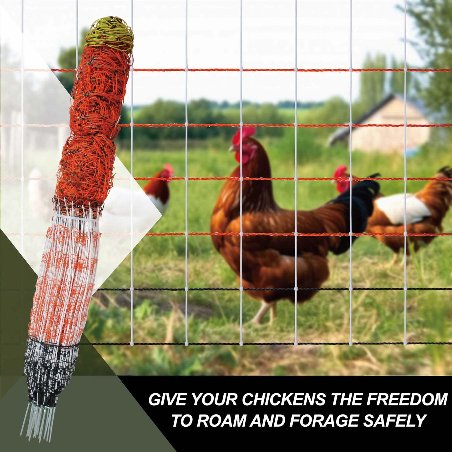 Electric Premium Poultry Netting Fence 59”H x 98.5’L - Versatile Portable Electric Fencing for Flying Chicken Sheep Goats Deer Hogs Dogs, Used in Backyards Homesteaders Farms and Ranches, PK1