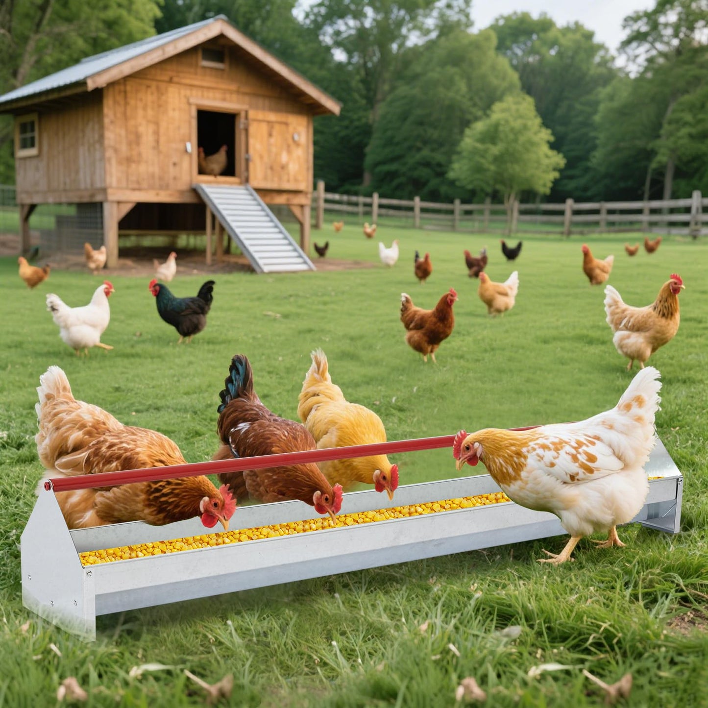 Chicken Feeding Trough 45", Heavy Duty Galvanized Steel Poultry Feeder with Red Crossbar & Drainage Holes, Large Capacity Feeder Trough for Chicken, Duck, Goose, Turkey, Rabbit, Pigeon