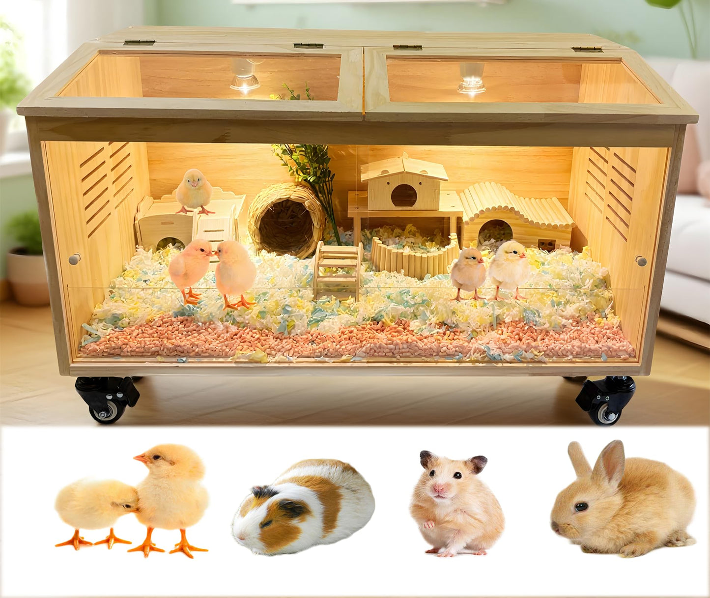 Brooder Box for Chicks Pine Wood Chicken brooder Box with Thermostat & Heating Lamp & Brake Casters，Solid Panels Chick brooder for Chicks, Ducklings, Hamsters, Guinea Pigs - Chew-Proof (40x20x20 in)