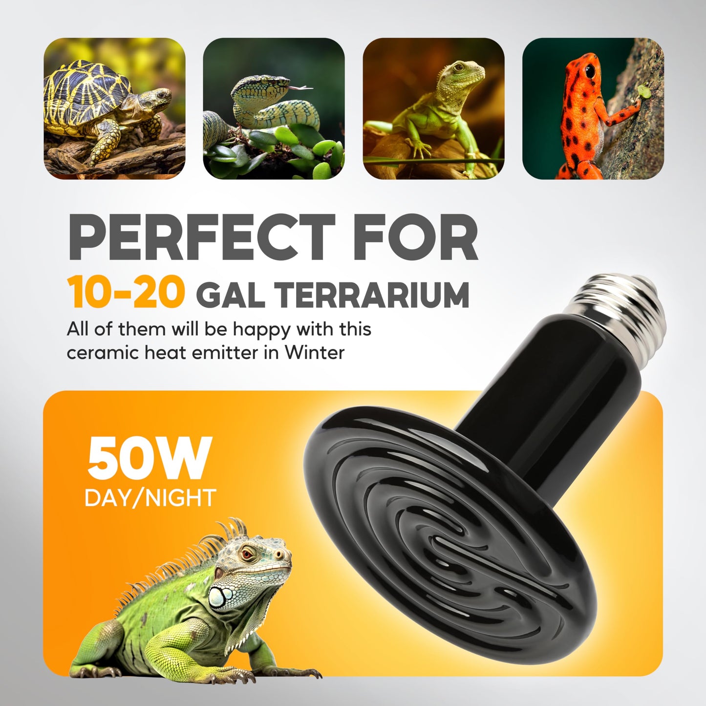HealSmart 50W Reptile Heat Lamp Ceramic Heat Emitter, No Light Emitting Heat Bulbs, Suitable for Snake/Lizard/Spider, Plant Growth and Incubating Chicken, 2-Pack