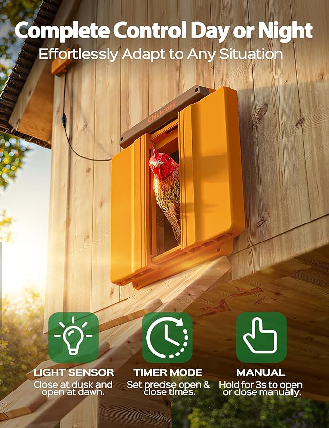 Solar-Powered Automatic Chicken Coop Door, Dual Motor Chicken Coop Door with Light Sensor, Timer & Manual Mode, Automatic Coop Door with Dual Anti-Pinch System, Weatherproof