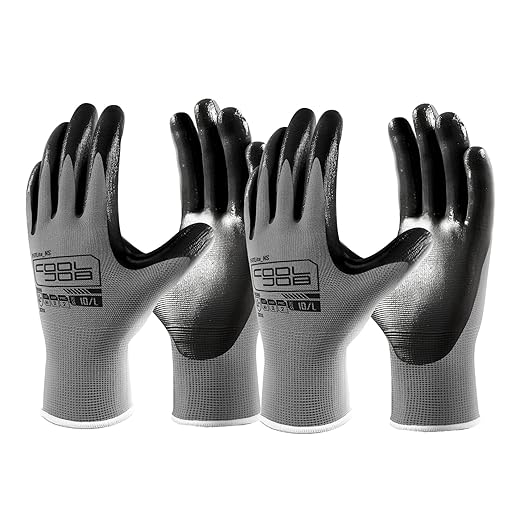 COOLJOB 10 Pairs Nitrile Dipped Safety Work Gloves with Grip, Non-slip Rubber Coated Bulk Garden Gloves for Men, Heavy-duty Oil Resistant for Truck Driver, Warehouse Box Handler, Small, Gray