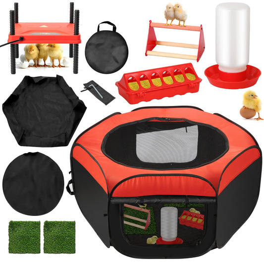 Upgrade Chick Starter Kit, 6-in-1 Chicken Brooder Box for Chicks Includes Pop-Up Chicken Playpen Tent,12 * 12" Heat Brooder Plate, Chicks Feeder, Waterer, Perch & Nesting Pad for Poultry Ducks Quail