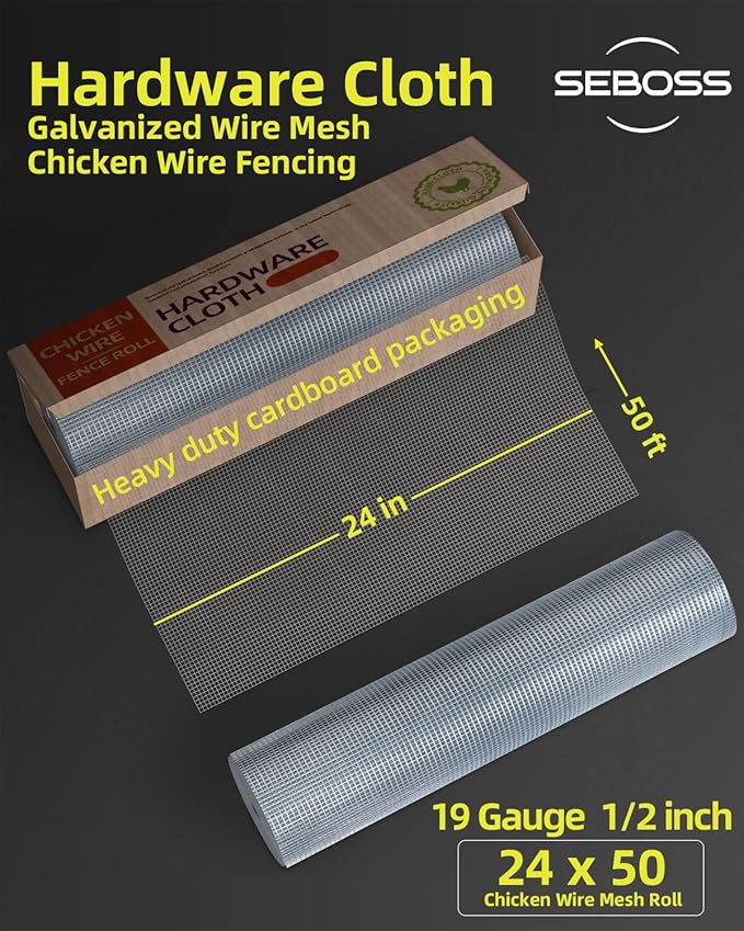 SEBOSS Hardware Cloth 1/2 inch Mesh 24 in. x 50 ft. 19-Gauge, Hot-dip Galvanized After Welding, Wire Mesh Roll Garden Fencing Tree Guard Hardware Mesh Chicken Wire Fencing