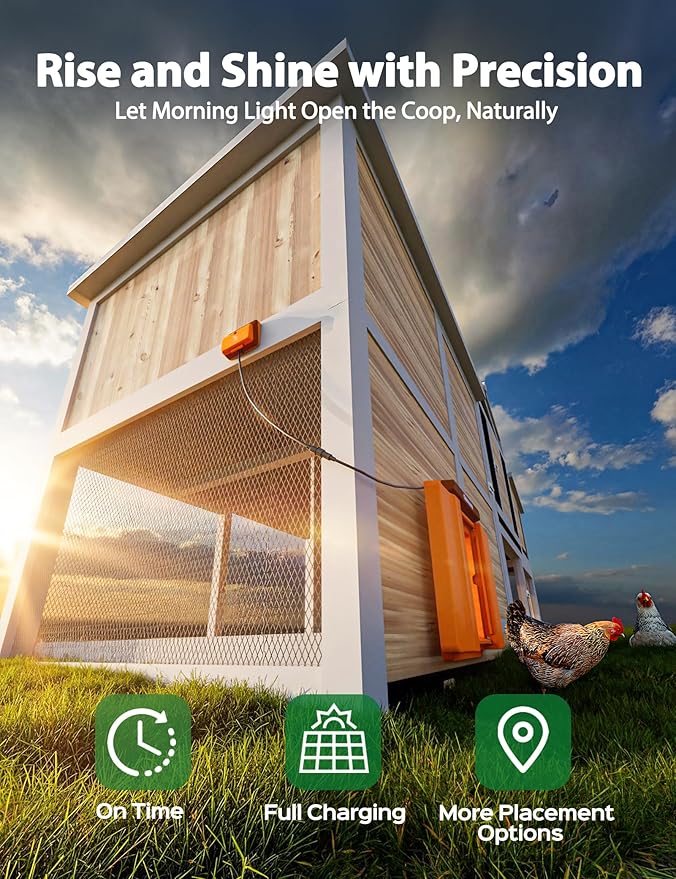 Solar-Powered Automatic Chicken Coop Door, Dual Motor Chicken Coop Door with Light Sensor, Timer & Manual Mode, Automatic Coop Door with Dual Anti-Pinch System, Weatherproof