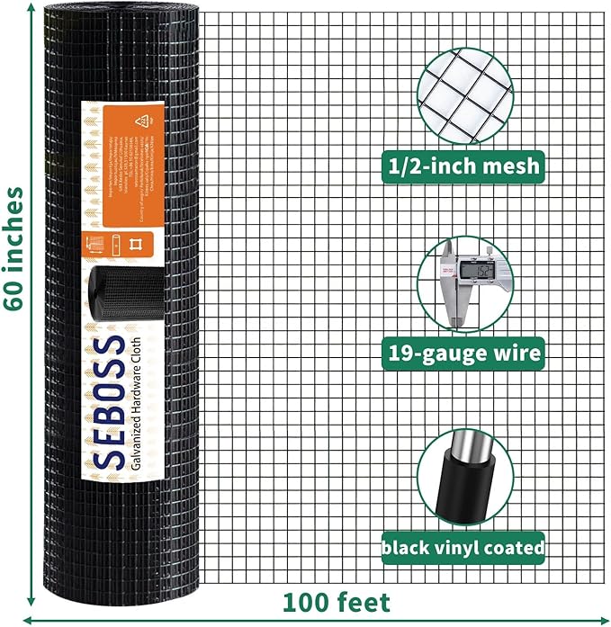 SEBOSS Black Hardware Cloth 1/2 inch 60 x 100 ft 19-Gauge, Vinyl Coated Wire Mesh Roll Chicken Wire Mesh Chicken Wire Fencing Wire Fence Roll Garden Fencing Welded Wire Hardware Mesh
