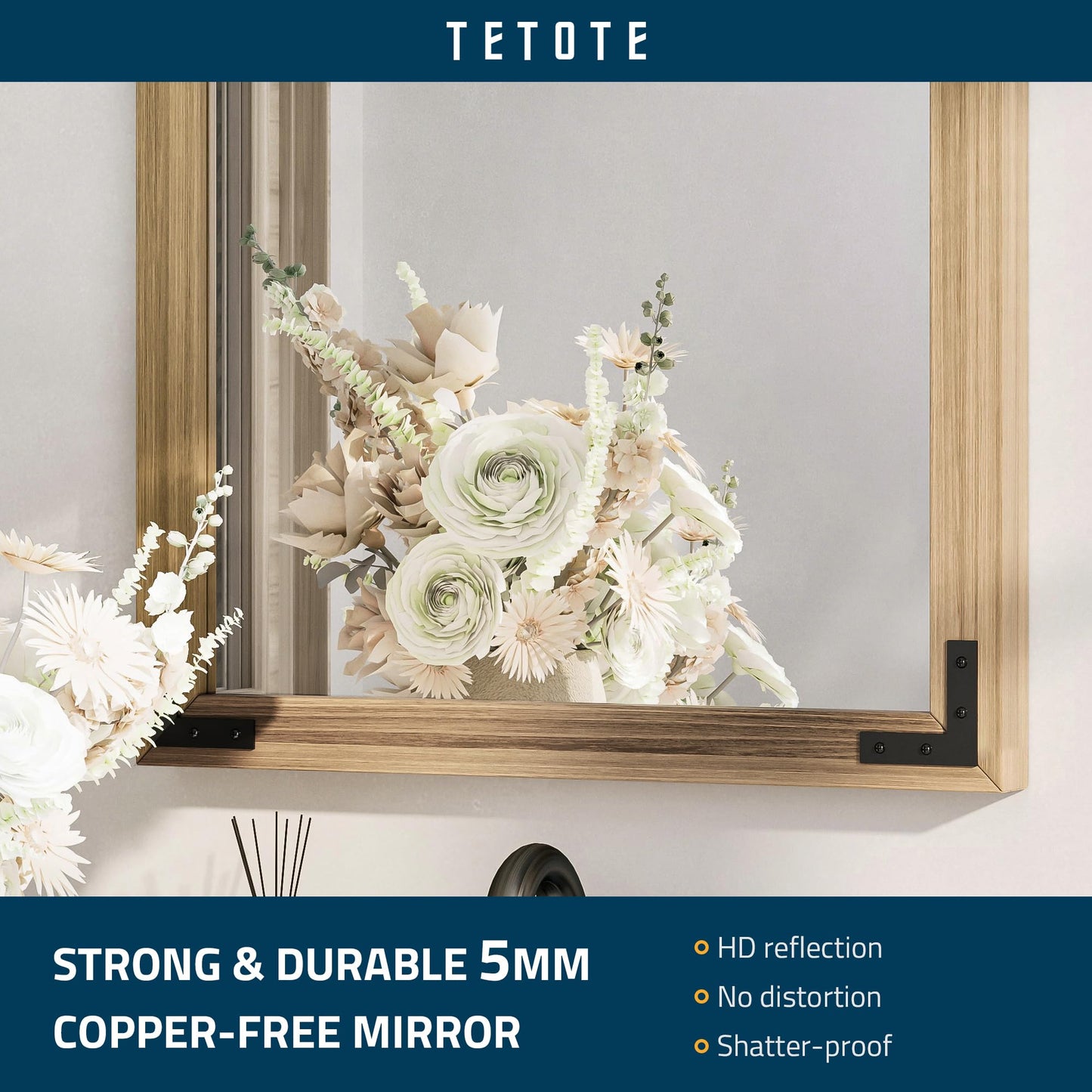 TETOTE 55 x 36 Natural Wooden Mirror for Bathroom Wall/Bedroom/Living Room/Entryway Farmhouse Rustic Bathroom Vanity Mirror Waterproof (Horizontal/Vertical Mounted)