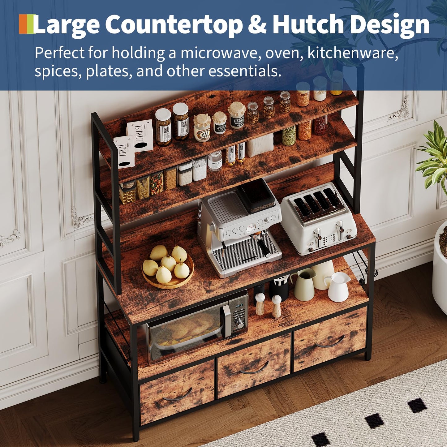 Garvee Kitchen Bakers Rack with Storage and Power Outlet, 5-Tier Industrial Microwave Stand with Drawers and Open Shelves, Metal Frame, Farmhouse Coffee Bar Cabinet, Brown