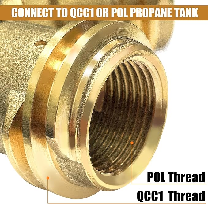 3 Way Tank Propane Splitter QCC/POL with Gauge and Shut-Off Valve, Y Splitter Adapter Propane LP Tank Fuel Tee Gauge Adapter Fitting 3 Way Propane Gas Splitter for Propane Tank，RV BBQ Grills Camping