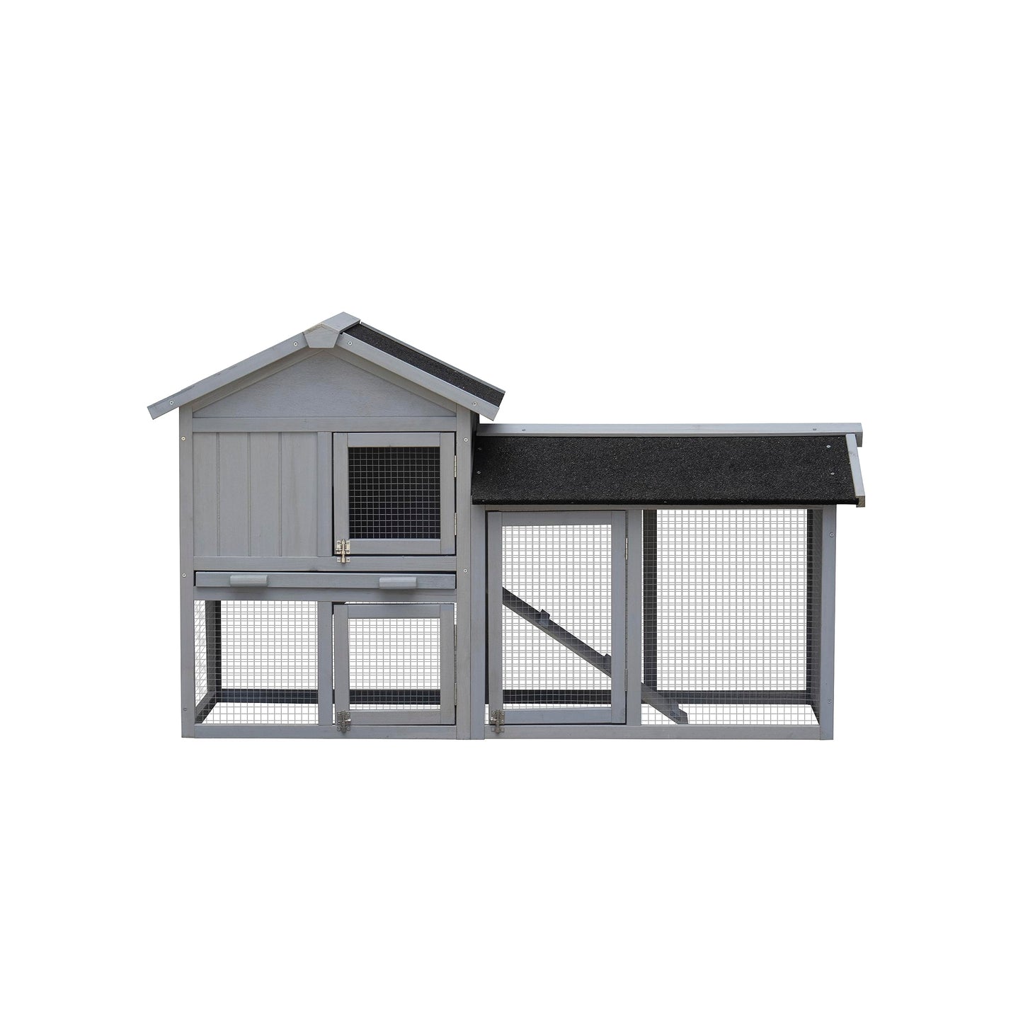 SPOFLYINN 2-Tier Bunny Hutch with Doors Ramp Easy Assembly Wooden Rabbit House for Small Medium Animals (57.9" L x 20.5" W x 33.7" H) Grey