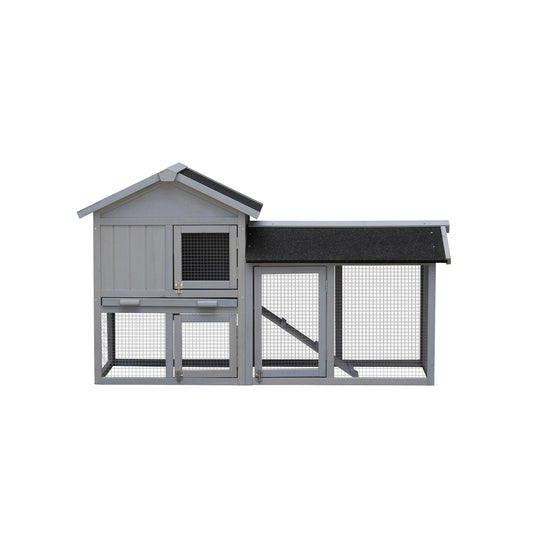 SPOFLYINN 2-Tier Bunny Hutch with Doors Ramp Easy Assembly Wooden Rabbit House for Small Medium Animals (57.9" L x 20.5" W x 33.7" H) Grey