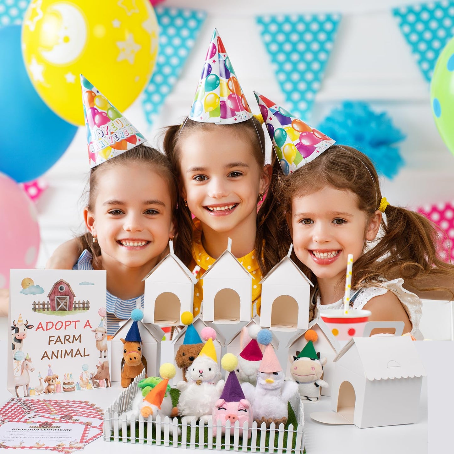 37 Pcs Farm Animal Party Favors Set Mini Stuffed Animals Lawn Foldable White Animal House Fence Birthday Hats Adoption Certificate Card Adopt a Farm Animal Sign Adopt a Pet Party Favors Supplies Gifts