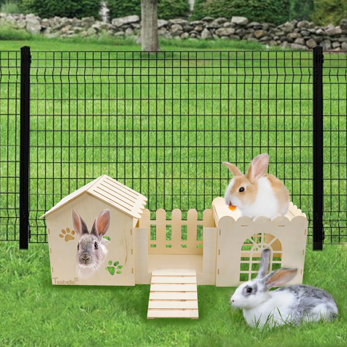 Large Rabbit Wooden Hideout House, Multi-Chamber Small Animal Wooden Castle Cage, Bunny Playhouse Habitat Decor Tunnel for Dwarf Rabbit Guinea Pig Chinchilla Hedgehog Squirrel