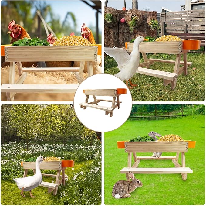 Chicken Coop Accessories, Chicken Picnic Table Feeder, Wooden Picnic Table with Water Bowls, No Waste Feeder for Hens, Ducks, Turkeys, Geese, and Other Poultry