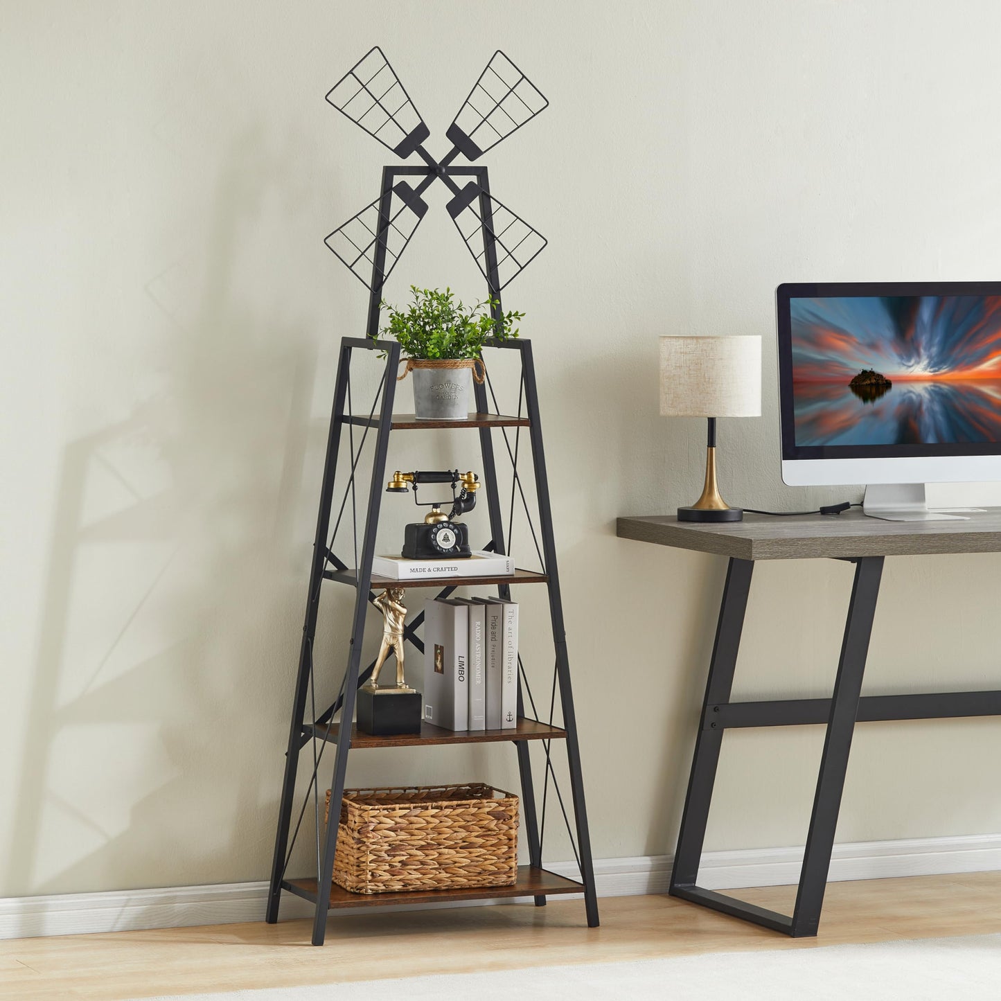 Hotity 4-Tier Rustic Windmill Ladder Bookshelf - Freestanding Industrial Storage Shelving Unit for Living Room, Bedroom, and Office