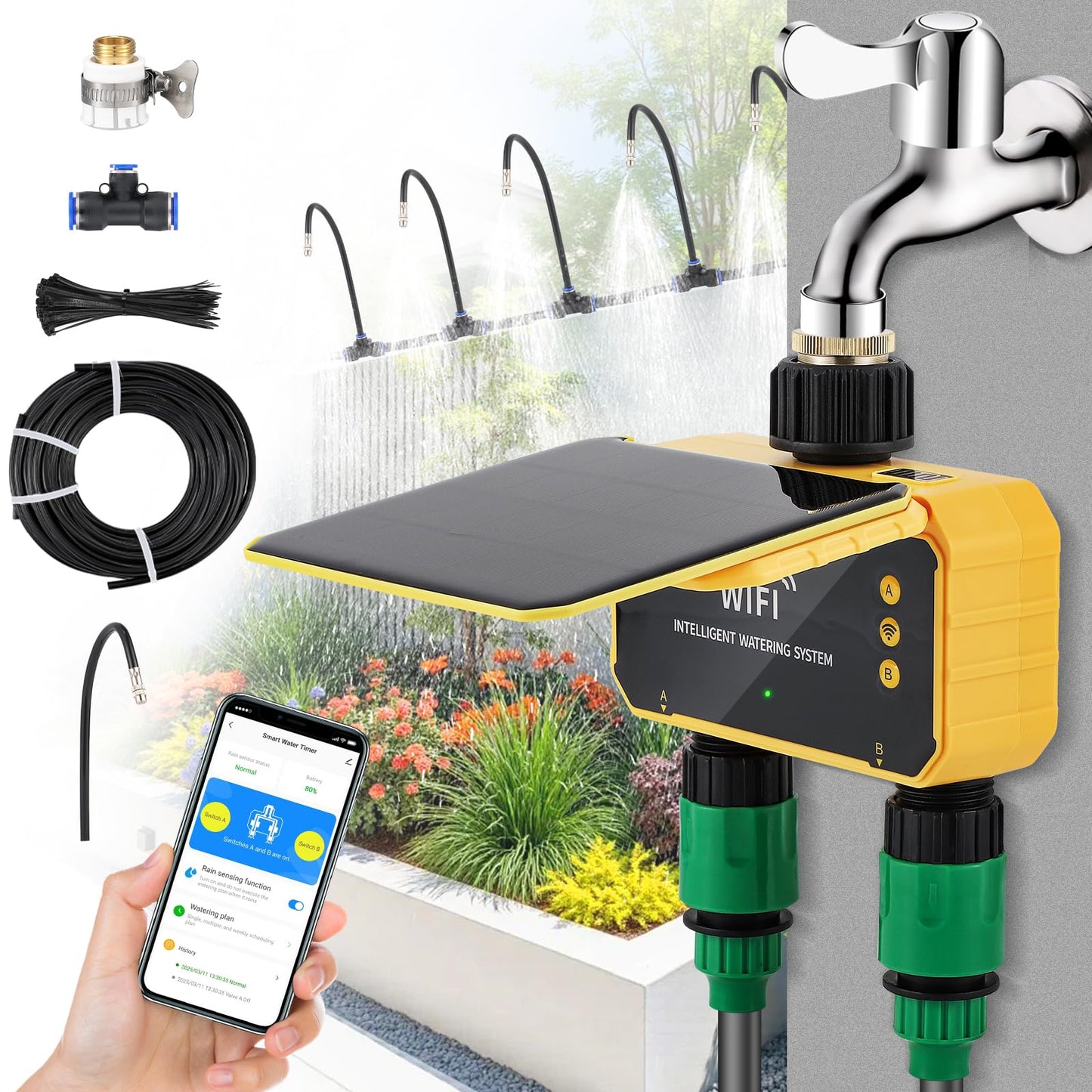 Moongiantgo Smart Solar WiFi Timer Kit, App Control Sprinkler Timer with 30m Pipe+30 360 Degree Bending Nozzle, Outdoor Automatic Watering System Kit with Rain Delay for Irrigation Lawn Yard Garden