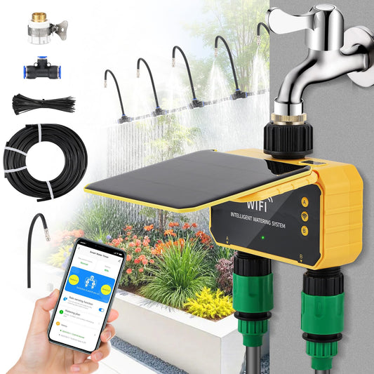 Moongiantgo Smart Solar WiFi Timer Kit, App Control Sprinkler Timer with 30m Pipe+30 360 Degree Bending Nozzle, Outdoor Automatic Watering System Kit with Rain Delay for Irrigation Lawn Yard Garden
