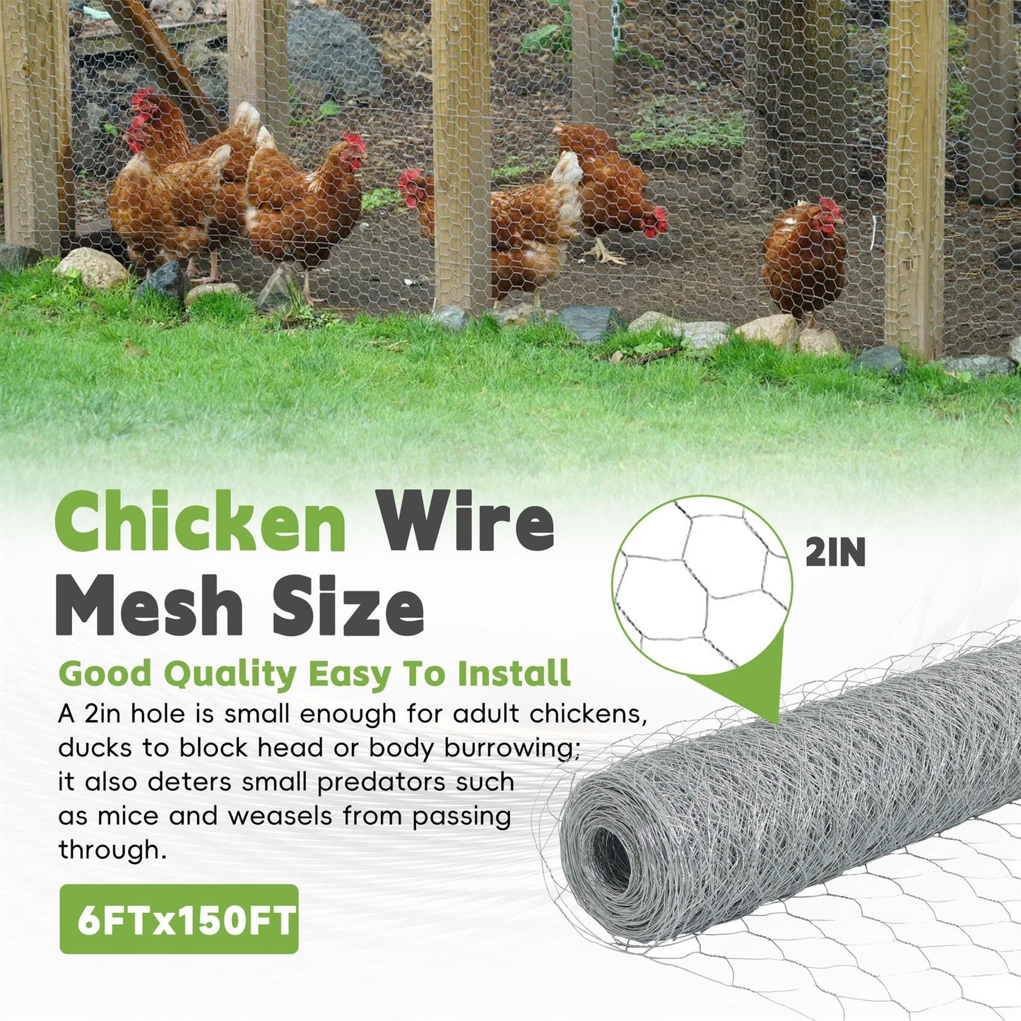 HOSTIC 6FTx150FT Chicken Wire Netting Galvanized Wire Mesh Hexagonal for Poultry Garden Fencing Barrier