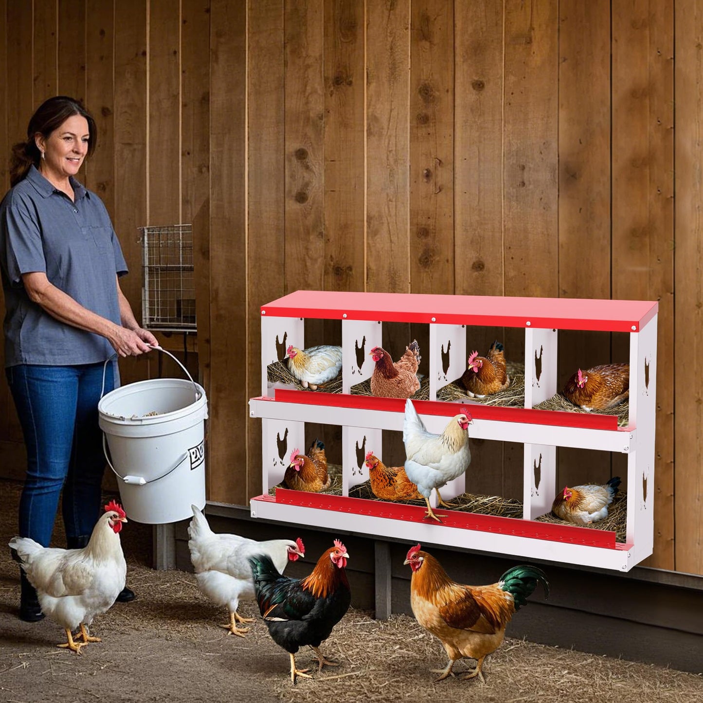 Chicken Nesting Boxes, 8 Compartments Nesting Boxes, Metal Chicken Laying Box with Roll Out Egg Collection with Vented Holes for Hens, Red