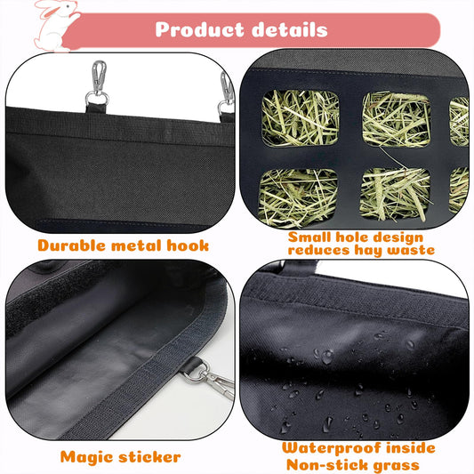Rabbit Hay Feeder Bag, Upgraded Bunny Hay Bag, 6 Holes 600D Oxford Fabric Hay Holder Bag for Small Animal Guinea Pig Chinchilla Rabbit Cage by Rayfarmo,(Black)