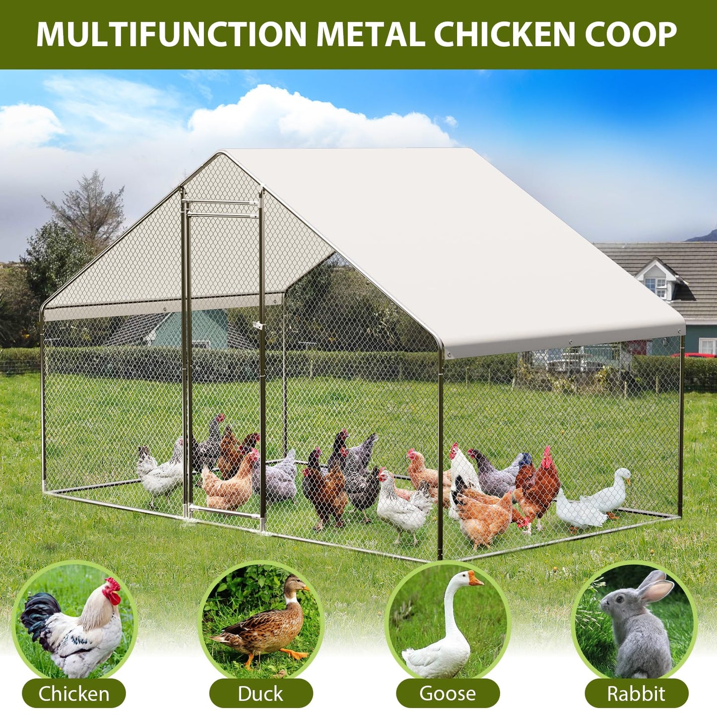 Large Metal Chicken Coop - Walk-in Poultry Cage with Waterproof & Anti-Ultraviolet Cover, Ideal for Ducks, Geese, and Rabbits, Outdoor Walk-in Chicken Run, 9.8X6.5X6.5FT.