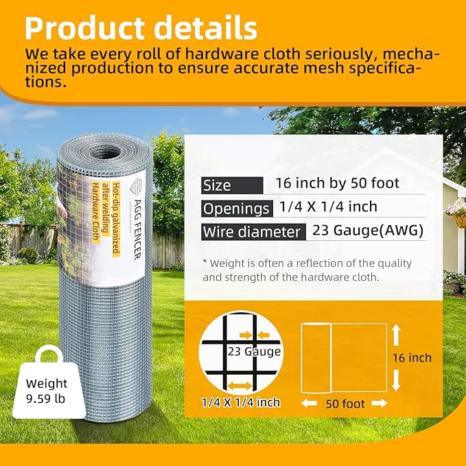 16inch x 50ft Hardware Cloth 1/4 inch Chicken Wire Fencing 23Ga, Hot Dipped Galvanized After Welding Garden Plant Supports Welded Metal Chicken Wire Fence, Poultry Animal Netting Cage Screen