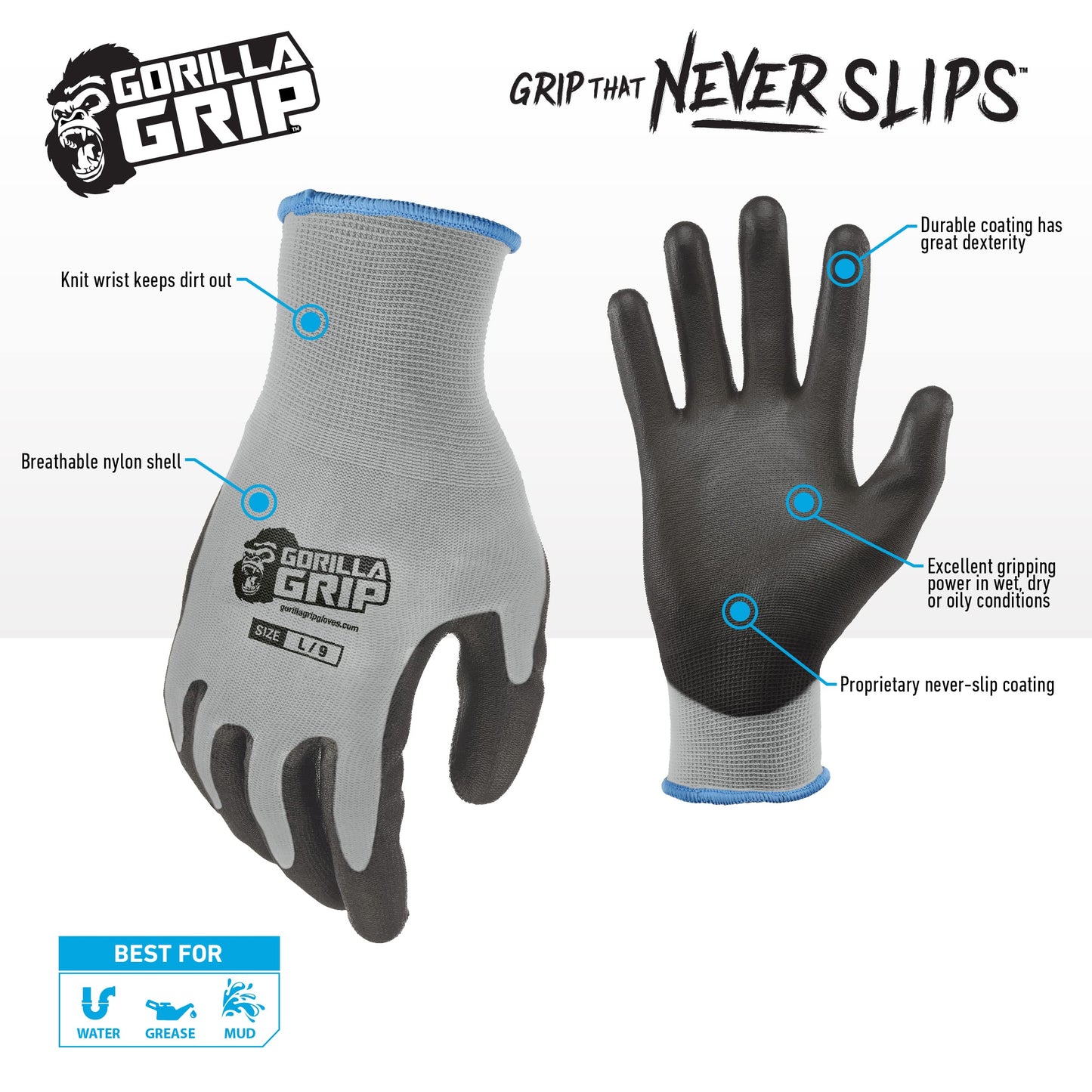 Gorilla Grip Work Gloves, Never Slip Maximum Grip All-Purpose, Gloves for Men, Superior in Wet, Dry, Oily Conditions, Polymer Palm, Large Size, 120 Pairs, Grey| 19414AM
