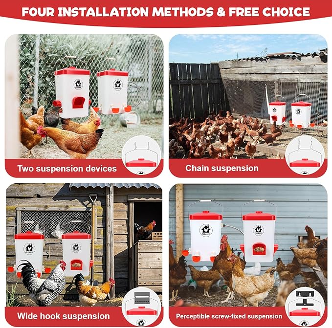 Chicken Feeder and Chicken Waterer Set Automatic Chicken Feeder Hanging Poultry Waterer 3 Gallon with Waterer Nipples and Feeding Ports,Chicken Coop Accessories