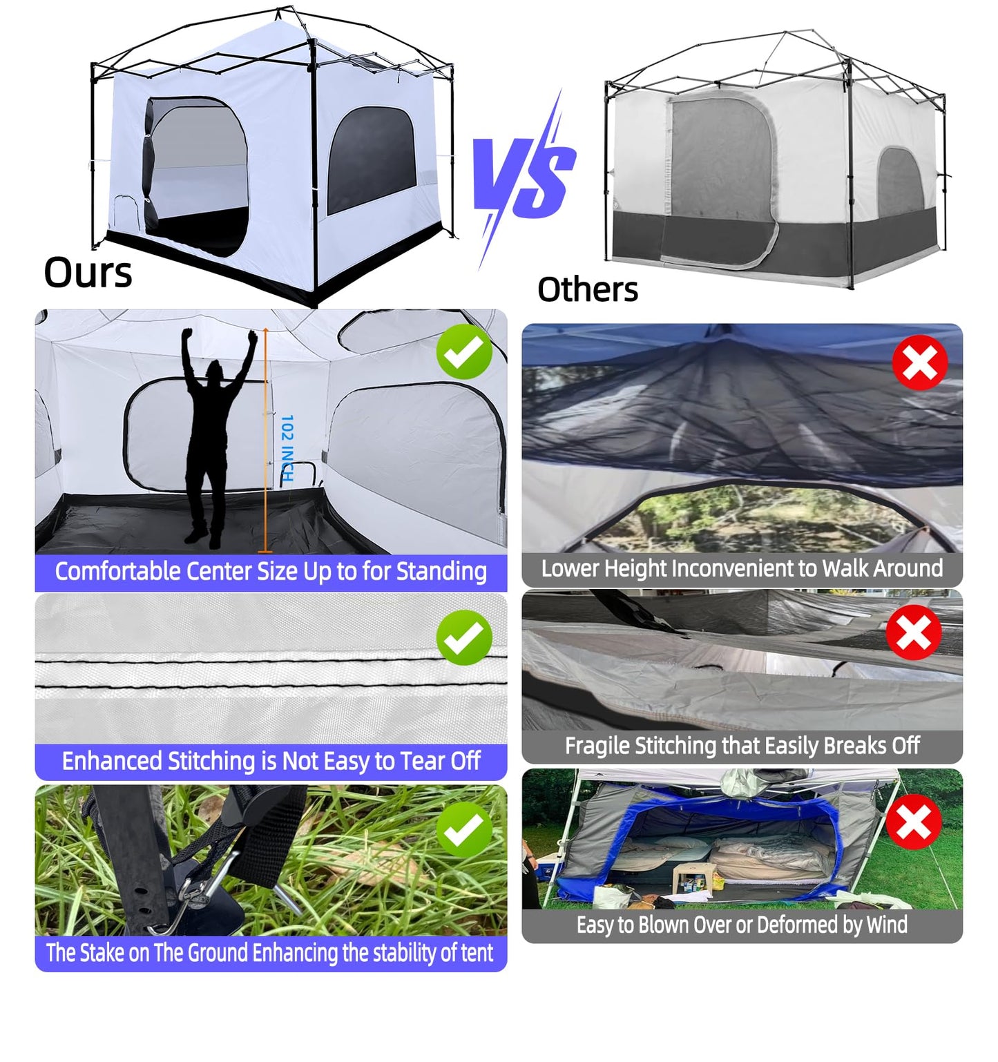 Joramoy Camping Cube for 10×10 Pop Up Canopy, Converts Straight Leg Canopy into Camping Inner Tent, Portable Vented Cube Tent with Full Floor(Frame/Top NOT Included)