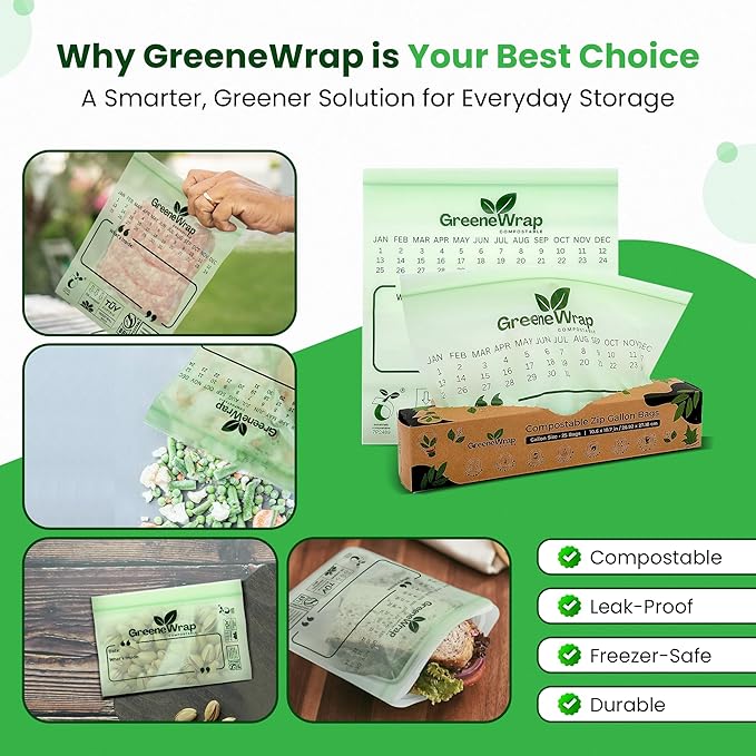 Compostable Snack Size Zip Bags 50 Count Extra Thick 2 mil Resealable, Leak-Proof, Freezer Safe Disposable Food Storage Bags, BPI and OK Compost Home Certified, ASTM D6400