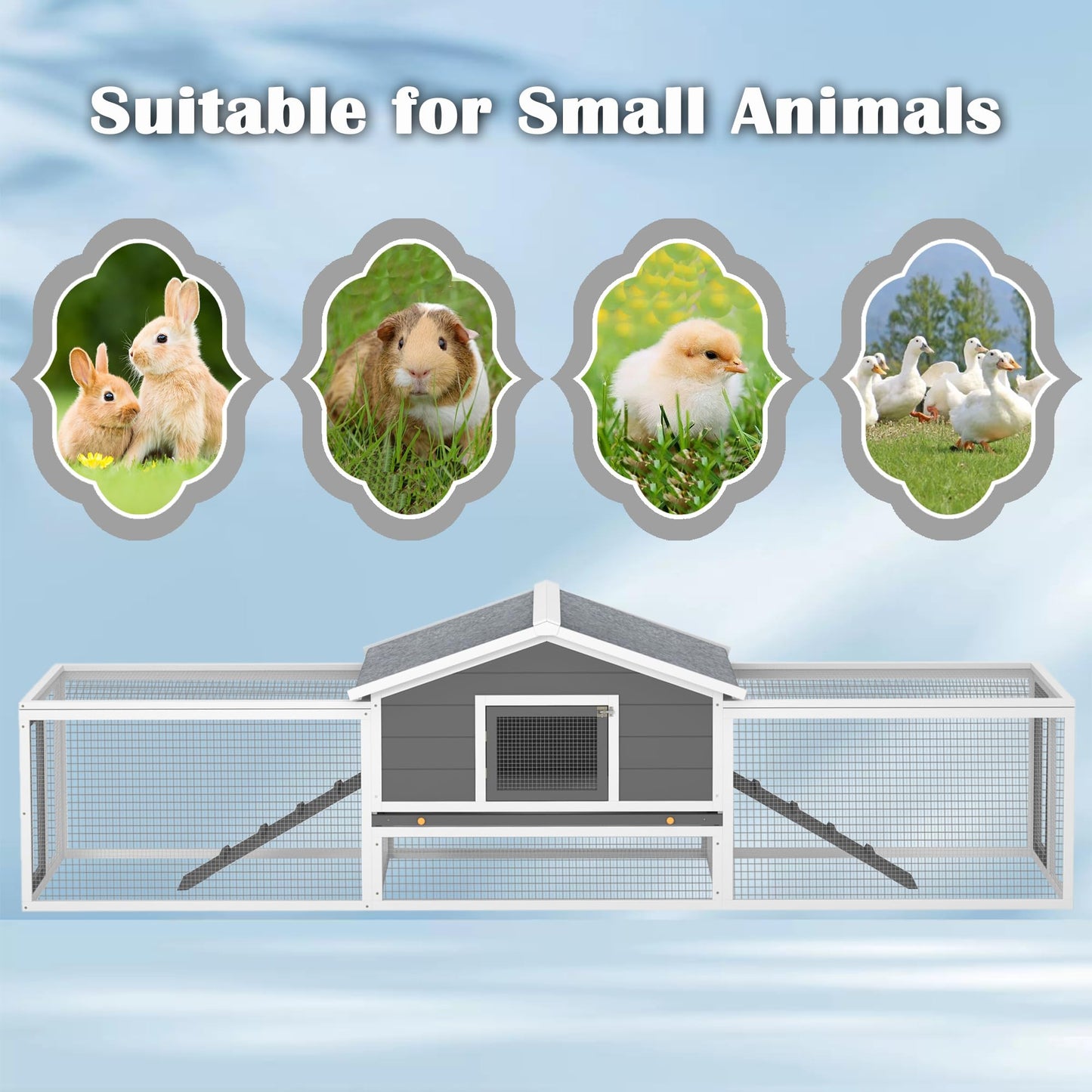 KEIKI 121.6" Extra Large Wooden Rabbit Hutch, 2 Story Bunny Hutch Poultry Pet House with Ramps, Pull-Out Tray, Double Side Runs, Waterproof Asphalt Roof, Lockable Doors for Small Animals, Gray & White