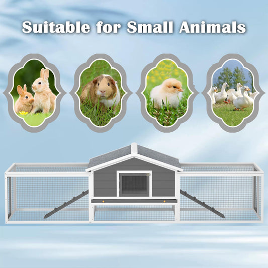 KEIKI 121.6" Extra Large Wooden Rabbit Hutch, 2 Story Bunny Hutch Poultry Pet House with Ramps, Pull-Out Tray, Double Side Runs, Waterproof Asphalt Roof, Lockable Doors for Small Animals, Gray & White