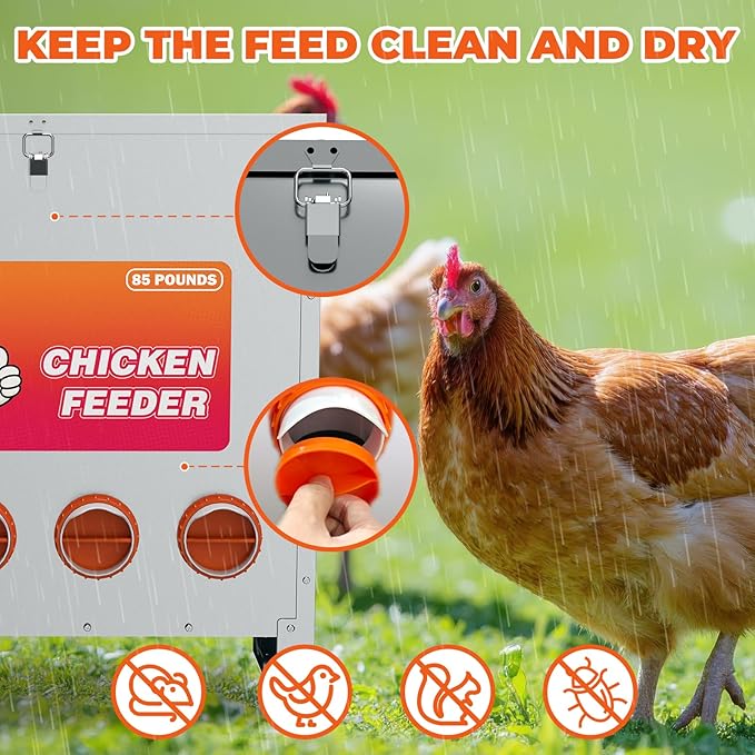 Metal Chicken Feeder No Waste 10 Ports Automatic Poultry Feeder Large Capacity 85 Pounds with Latch & Handle for Chickens Bantams Pheasants Poultry Coop Weatherproof