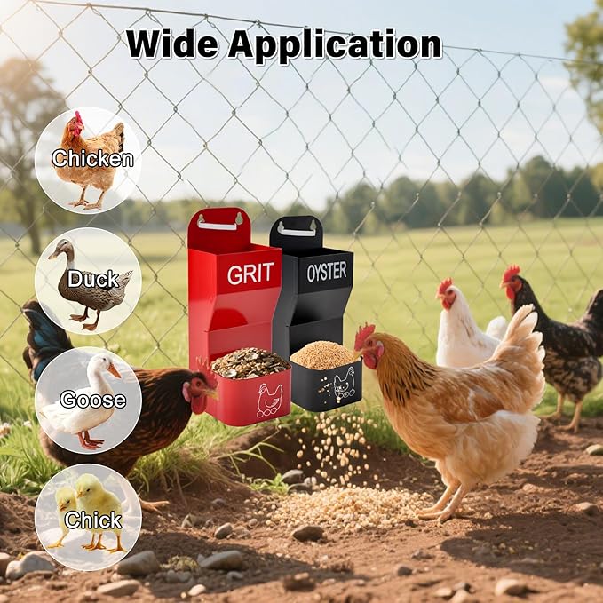2 Pack Chicken Oyster Shell Feeder and Grit Device, Corner Chicken Feeder, Coop Accessories, Suitable for Hens and Chicks (Black + Red - 2)
