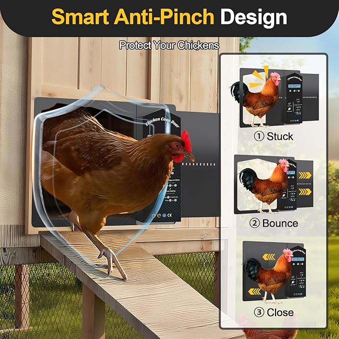 Automatic Chicken Coop Door Solar Powered with LCD Display, Large Aluminum Alloy Chicken Door with Safety Anti-Pinch, 3 Power Supply Modes, Remote Control, Adaptable to a variety of harsh environments