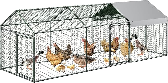 Large Metal Chicken Coop 10' x 3.3" x 3.3" Chicken Runs with Waterproof and Anti-UV Cover,3 Doors,Outdoor Hen House for Yard, Walk in Poultry Cage for Rabbit Duck Goose