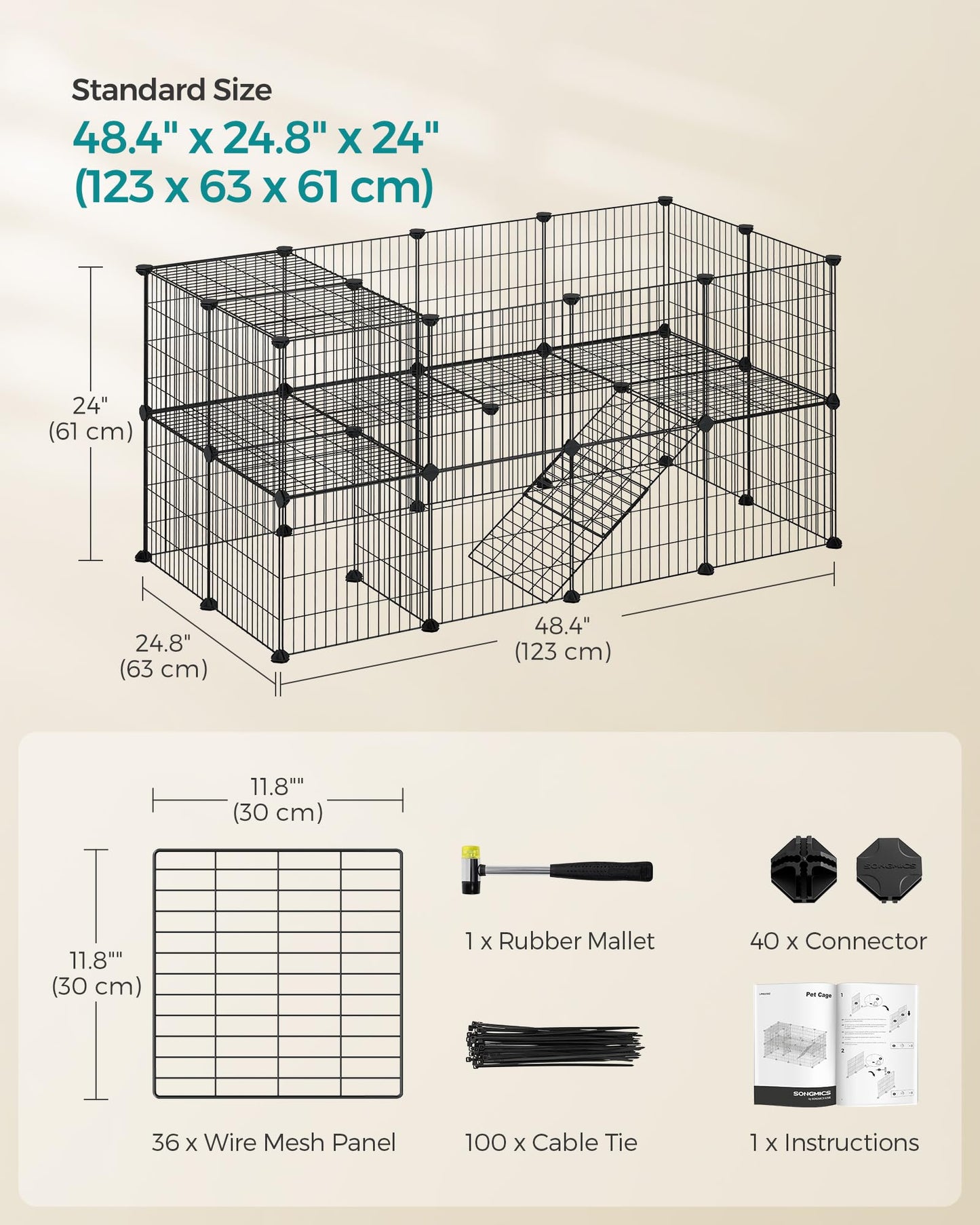 SONGMICS 36 Panels Pet Playpen, Small Animal Playpen, Rabbit Guinea Pig Cage, Zip Ties Included, Metal Wire Apartment-Style Two-Story Pet Premium Villa for Bunnies Puppies,Indoor Use, Black ULPI002B01