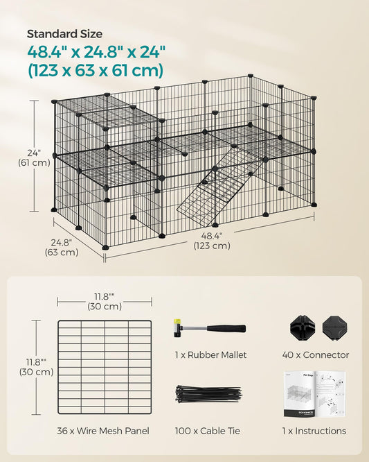 SONGMICS 36 Panels Pet Playpen, Small Animal Playpen, Rabbit Guinea Pig Cage, Zip Ties Included, Metal Wire Apartment-Style Two-Story Pet Premium Villa for Bunnies Puppies,Indoor Use, Black ULPI002B01