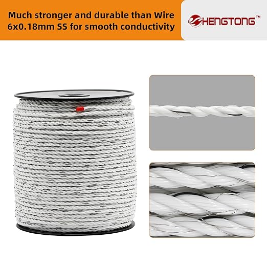 Electric Fence Poly Rope 656ft (200m), 1/4 inch (6mm) Upgraded Portable Polyrope, 6 x 0.18mm Strong SS Conductors, Electric Fence Rope for Horses, Safe Enough for Large Animals (White)
