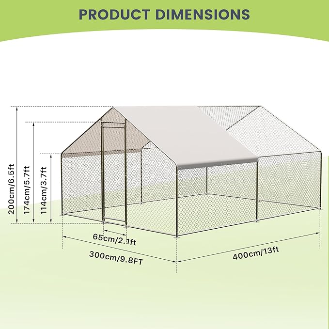 Large Metal Chicken Coop Run, 9.8L x 13.1W x 6.6HFt Chicken Runs for Yard with Cover and Waterproof and Anti-Ultraviolet, Spire Roof Metal Chicken Coop with Lock for Backyard, Duck, Rabbit