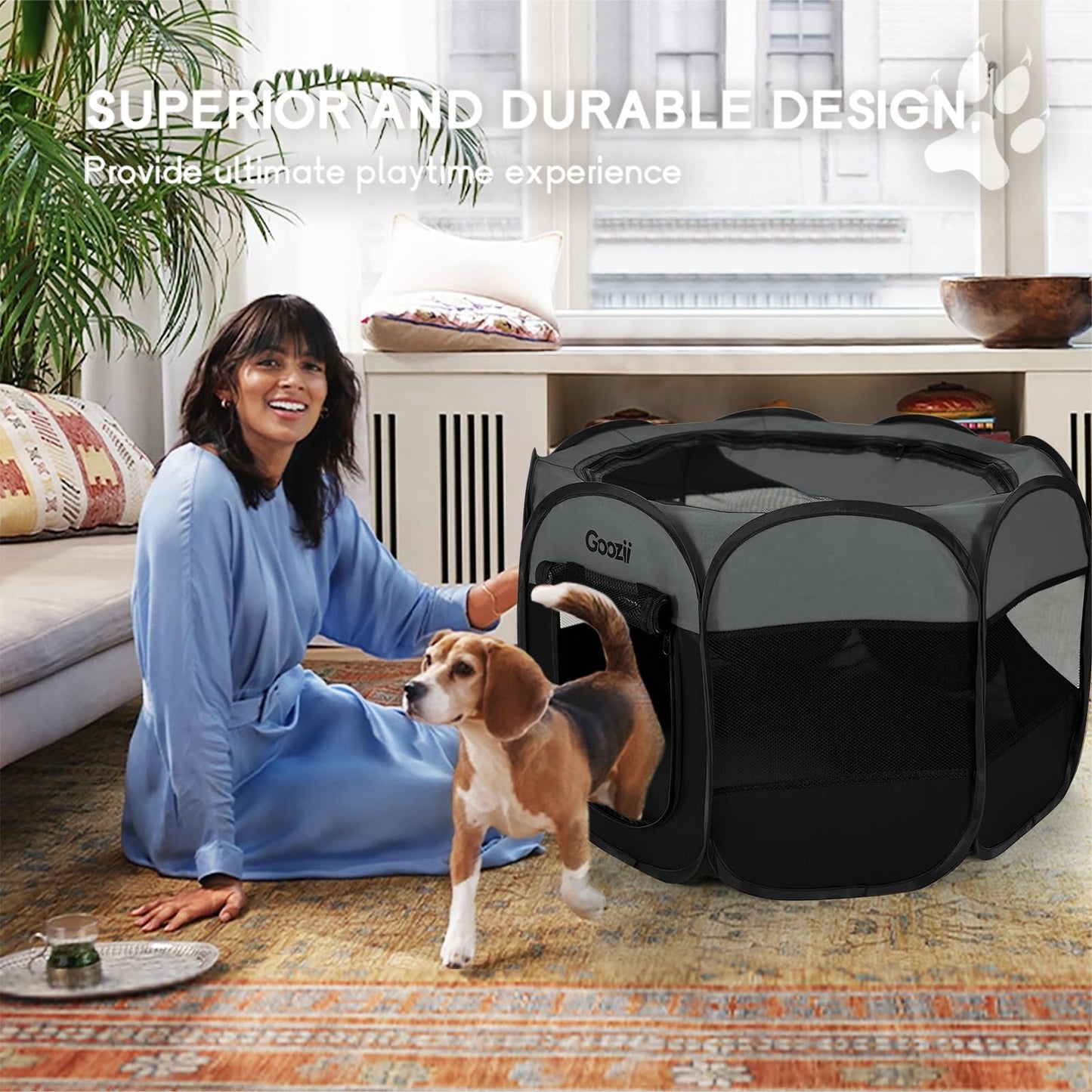 Goozii Portable Dog Playpen for Medium Dogs, Collapsible Pet Cat Kitten Puppy Playpen Indoors Outdoors with Zipper Top Cover (Medium Size, Grey-Black)