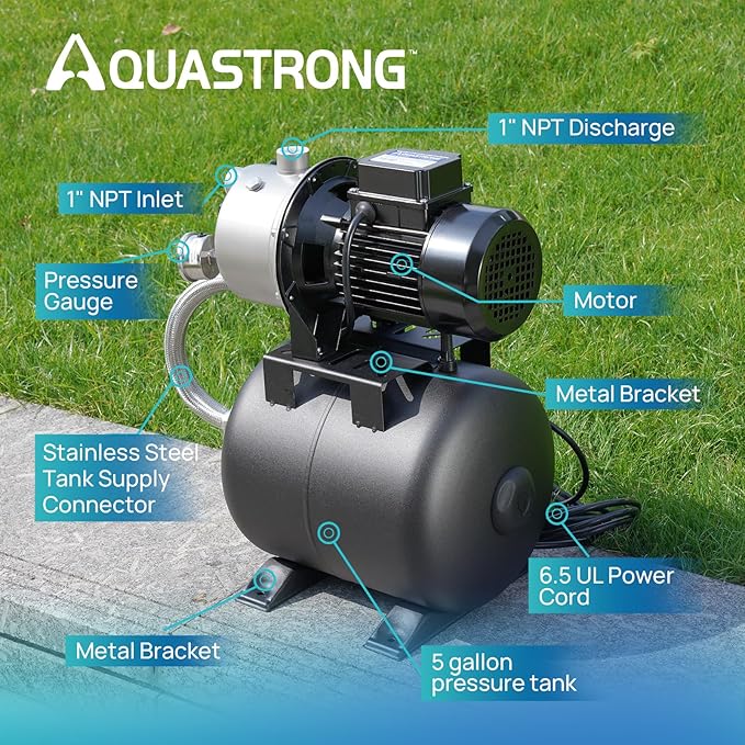 Aquastrong 1.6 HP Shallow Well Pump with Pressure Tank, NSF Certified, 1320 GPH, 115V, Stainless Steel Irrigation Pump, Automatic Water Booster Jet Pump for Home, Garden, Lawn